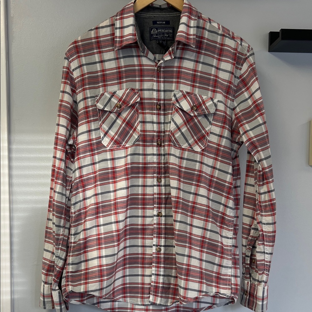 American Rag Red and Gray Plaid Cotton Men's Shirt Sz M